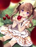  1girl absurdres apple brown_hair day dengeki_moeou dress food fruit gingham gingham_dress highres miyasaka_miyu original outdoors purple_eyes scan solo 