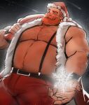  1boy bara beard beckoning belly blush bulge chest_hair christmas come_hither cowboy_shot facial_hair fat fat_man feet_out_of_frame fur-trimmed_jacket fur_trim highres incoming_gift jacket jang_ju_hyeon large_pectorals looking_at_viewer male_focus mature_male muscular muscular_male mustache navel navel_hair nipples no_shirt one_eye_closed open_clothes open_jacket orange_hair original outstretched_hand pants pectoral_cleavage pectorals reaching_out red_jacket red_pants santa_claus santa_costume short_hair sleeveless sleeveless_jacket snowflakes solo stomach suspenders thick_eyebrows thick_thighs thighs 