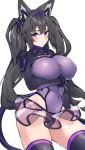  1girl animal_ears arm_under_breasts black_hair black_legwear blush bodysuit breast_press breasts covered_nipples hal_(h_lambda_l) highres large_breasts leotard long_sleeves looking_at_viewer navel original purple_eyes purple_leotard see-through see-through_skirt skin_tight skindentation skirt solo thick_thighs thighhighs thighs twintails white_background 