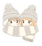  1boy 1girl :o :| bangs beanie black_eyes blunt_bangs blush_stickers bob_cut brown_hair closed_mouth cropped_torso dot_nose expressionless eye_contact eyes_visible_through_hair fringe_trim grey_headwear grey_scarf hat heads_together highres itunohika looking_at_another looking_to_the_side orange_hair original pale_color parted_lips pom_pom_(clothes) portrait scarf shared_scarf simple_background sparkle star_(symbol) star_print striped striped_scarf swept_bangs tareme white_background winter_clothes 