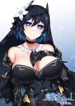  1girl bare_shoulders black_hair blue_eyes breasts choker cleavage colored_inner_hair commission dated earrings flower gradient gradient_background hair_between_eyes hair_flower hair_ornament jewelry konshin large_breasts long_hair looking_at_viewer mechanical_arms multicolored_hair phantasy_star phantasy_star_online_2 short_hair skeb_commission slit_pupils smile solo upper_body veil 