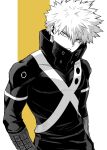  absurdres bakugou_katsuki boku_no_hero_academia bupopopopopo costume eye_contact gauntlets glaring greyscale hands_in_pockets head_down highres looking_at_another looking_at_viewer monochrome muscular muscular_male simple_background spiked_hair superhero 
