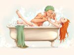  1boy 1girl barefoot bath bathtub breasts bubble bubble_bath closed_eyes convenient_censoring feet green_eyes highres mugi-girl nami_(one_piece) nude one_eye_closed one_piece orange_hair roronoa_zoro scar scar_across_eye tattoo towel 