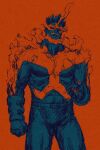  1boy beard bodysuit boku_no_hero_academia cowboy_shot endeavor_(boku_no_hero_academia) facial_hair fire large_pectorals male_focus multiple_monochrome muscular muscular_male open_hand orange_background orange_theme pectorals short_hair solo spiked_hair thick_thighs thighs u2suke 