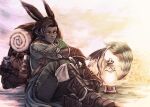  1boy animal animal_ears backpack bag black_gloves black_hair black_skin boots colored_skin erenville final_fantasy final_fantasy_xiv frog gloves highres lantern male_focus mihira_(tainosugatayaki) rabbit_ears short_hair sitting solo viera yellow_eyes 