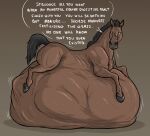  2021 after_vore ambiguous_gender belly big_belly brown_body butt cel_shading dialogue digestion dominant dominant_male english_text equid equine feral horse imminent_death male male/ambiguous mammal mane overweight overweight_male scar shaded simple_background solo struggling text thatgryphonguy vore wheat_in_mouth 
