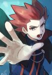  1boy blue_jacket cape commentary_request green_cape grey_eyes highres jacket keytaro1125 lance_(pokemon) looking_at_viewer lower_teeth male_focus open_mouth outstretched_hand pokemon pokemon_(game) pokemon_hgss red_hair short_hair solo spiked_hair spread_fingers teeth tongue 