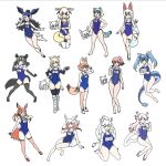  6+girls acesrulez alternate_costume animal_ears armor aye-aye_(kemono_friends) bangs bare_legs bare_shoulders barefoot bird_girl bird_tail bird_wings black_footwear black_gloves black_hair black_legwear black_rhinoceros_(kemono_friends) blonde_hair blue_hair blue_swimsuit blush boots brown_legwear chibi chibi_inset common_raccoon_(kemono_friends) dhole_(kemono_friends) dog_ears dog_girl dog_tail dragon_girl dragon_tail elbow_gloves embarrassed eyebrows_visible_through_hair ezo_red_fox_(kemono_friends) fennec_(kemono_friends) flats fox_ears fox_girl fox_tail full_body garrison_cap geta gloves greaves grey_hair hat head_wings highres japanese_crested_ibis_(kemono_friends) kemono_friends lion_ears lion_girl lion_tail long_hair matching_outfit mexico_salamander_(kemono_friends) monkey_ears monkey_girl monkey_tail multicolored_hair multiple_girls name_tag nana_(kemono_friends) oinari-sama_(kemono_friends) one-piece_swimsuit passenger_pigeon_(kemono_friends) pink_hair raccoon_ears raccoon_girl raccoon_tail red_footwear red_hair red_legwear reptile_girl rhinoceros_ears rhinoceros_girl salute sandals scarlet_ibis_(kemono_friends) school_swimsuit seiryuu_(kemono_friends) short_hair short_twintails side_ponytail sidelocks sleeveless socks swimsuit tail thigh_strap thighhighs translation_request twintails two-tone_hair two-tone_legwear white_footwear white_gloves white_hair white_legwear white_lion_(kemono_friends) white_rhinoceros_(kemono_friends) wings zettai_ryouiki 