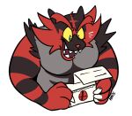  ambiguous_gender anthro black_body black_fur excited fur green_eyes grey_body haps hi_res holding_letter incineroar nintendo open_mouth pok&eacute;mon pok&eacute;mon_(species) red_body red_fur sharp_teeth simple_background smash_invitation solo teeth video_games white_background yellow_sclera 