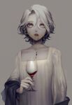  1girl archived_source black_nails collarbone cup grey_background grey_hair holding holding_cup kamato_il looking_at_viewer original parted_lips short_hair simple_background slit_pupils solo twitter_username upper_body 