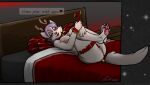  anthro antlers bdsm bed bed_sheet bedding bell bondage bound canid canine canis clothing collar cuffs_(disambiguation) female furniture hi_res horn light_bondage mammal nethil pillow solo thong underwear wolf 