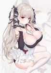  1girl absurdres azur_lane bangs bare_shoulders between_breasts black_nails blunt_bangs breasts cleavage closed_mouth collarbone detached_collar detached_sleeves ear_piercing eyebrows_visible_through_hair formidable_(azur_lane) frills from_above from_side full_body grey_hair hair_ribbon hand_on_own_chest highres holding holding_quill large_breasts long_hair looking_at_viewer nail_polish necktie necktie_between_breasts no_shoes piercing quill red_eyes ribbon sitting smile solo thighhighs twintails twisted_torso very_long_hair wariza white_legwear xiao_dao_jun zoom_layer 