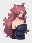  1girl alternate_costume android_21 bare_shoulders breasts cleavage dragon_ball dragon_ball_fighterz earrings glasses grey_background hoop_earrings jewelry kemachiku long_hair looking_at_viewer medium_breasts red_eyes red_hair simple_background solo 
