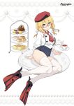  1girl aka_ringo beret black_swimsuit black_tea blonde_hair blue_eyes breasts cake closed_mouth cup food full_body glasses hat highres i-8_(kancolle) kantai_collection large_breasts long_hair long_sleeves macaron one-piece_swimsuit red-framed_eyewear red_headwear sandwich semi-rimless_eyewear shirt smile solo swimsuit swimsuit_under_clothes tea thighhighs webbed_feet white_legwear white_shirt 