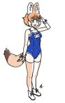  1girl acesrulez alternate_costume animal_ears bare_shoulders blue_swimsuit blush boots brown_legwear commentary_request dhole_(kemono_friends) dog_ears dog_girl dog_tail gloves kemono_friends name_tag one-piece_swimsuit salute school_swimsuit sleeveless solo swimsuit tail thighhighs translation_request two-tone_legwear white_footwear white_gloves white_legwear zettai_ryouiki 