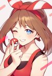  1girl ;d absurdres bare_shoulders blue_eyes blush breasts brown_hair collarbone hairband highres looking_at_viewer may_(pokemon) one_eye_closed poke_ball pokemon pokemon_(game) pokemon_oras red_hairband red_tank_top smile solo tank_top upper_body yoshihiro_(yoshihiro12190) 