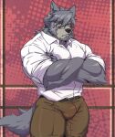  anthro belt biped bottomwear brown_bottomwear brown_clothing brown_pants bulge canid canine canis claws clothed clothing crossed_arms domestic_dog eyewear finger_claws fur glasses grey_body grey_fur hi_res male mammal matcharyu mitsuhisa_aotsuki morenatsu pants pecs shirt solo topwear video_games visual_novel white_clothing white_shirt white_topwear 