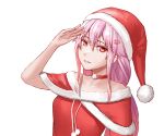 1girl breasts christmas fattybot fur_trim guilty_crown hair_ornament hairclip hat highres looking_at_viewer pink_hair red_eyes santa_costume santa_hat smile solo twintails upper_body yuzuriha_inori 