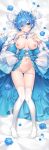  1girl ayamy bed_sheet blue_eyes blue_flower blue_hair blue_rose blush breasts closed_mouth dakimakura_(medium) detached_sleeves flower hair_ornament hair_over_one_eye highres large_breasts looking_at_viewer lying navel nipples panties panty_pull petals re:zero_kara_hajimeru_isekai_seikatsu rem_(re:zero) rose short_hair smile solo thighhighs underwear white_legwear white_panties x_hair_ornament 