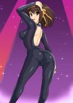  1girl :d absurdres arm_up ass backless_outfit bangs black_bodysuit bodysuit breasts brown_eyes brown_hair gradient gradient_background hair_ornament hairband haruhisky highres long_sleeves looking_at_viewer looking_back medium_breasts open_mouth shiny shiny_clothes shiny_hair shiny_skin short_hair simple_background skin_tight smile solo sparkle suzumiya_haruhi suzumiya_haruhi_no_yuuutsu teeth upper_teeth 