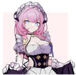  1girl absurdres apron bangs blue_eyes border breasts cleavage closed_mouth elysia_(honkai_impact) error1980 frills gloves highres holding holding_clothes holding_skirt honkai_(series) honkai_impact_3rd long_hair maid maid_apron maid_headdress pink_background pink_hair pointy_ears short_sleeves simple_background skirt smile solo white_border white_gloves 