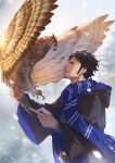  1boy animal bangs bird black_hair blue_scarf coat commentary earrings envelope facial_hair goatee harry_potter_(series) highres holding jewelry male_focus one_piece outdoors owl parody profile rami_rz scarf sideburns smile snow solo trafalgar_law wide_sleeves 