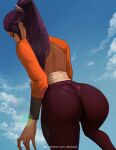  1girl ass backless_outfit bleach breasts cloud dark-skinned_female dark_skin from_behind large_breasts lens_flare long_hair long_sleeves looking_at_viewer looking_back nextoad orange_shirt pants pantylines ponytail purple_pants shihouin_yoruichi shirt sky solo yellow_eyes 