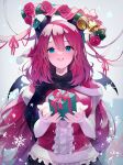  1girl absurdres bell blue_eyes blush breasts christmas demon_horns demon_wings flower frills gift highres holding horns large_breasts long_hair looking_at_viewer mistletoe open_mouth original red_hair ribbon rose simple_background smile snowflakes solo upper_body w_(w64851564) wings 