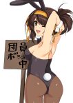  1girl ;d absurdres animal_ears armpits arms_up ass bangs bare_shoulders black_leotard breasts brown_eyes brown_hair detached_collar eyebrows_visible_through_hair fake_animal_ears fake_tail hair_ornament hairband happy haruhisky highres leotard looking_at_viewer medium_breasts one_eye_closed open_mouth pantyhose playboy_bunny rabbit_ears rabbit_tail shiny shiny_hair shiny_skin sign simple_background smile solo standing strapless strapless_leotard suzumiya_haruhi suzumiya_haruhi_no_yuuutsu tail teeth upper_teeth white_background wrist_cuffs 