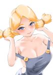  1girl absurdres bare_shoulders blonde_hair blue_eyes blush breasts cleavage collarbone hair_lift hair_tie hands_up hat highres large_breasts looking_at_viewer naked_overalls no_hat no_headwear open_mouth overalls poke_ball_symbol pokemon pokemon_(game) pokemon_breeder_(pokemon) pokemon_sm simple_background smile solo strap_slip toba_tsutsumi twintails upper_body white_background 