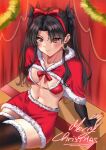  1girl bikini black_hair black_legwear blush bow breasts bridal_gauntlets christmas closed_mouth earrings fate/grand_order fate_(series) hair_bow highres hoop_earrings ishtar_(fate) jewelry long_hair merry_christmas miniskirt navel no_shirt red_bow red_eyes red_nails ryudraw santa_bikini shrug_(clothing) sidelocks sitting skirt small_breasts smile solo swimsuit thighhighs two_side_up zettai_ryouiki 