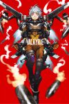  1girl apex_legends bodysuit commentary_request flying grey_hair grin highres jetpack looking_at_viewer mika_pikazo missile missile_pod official_art orange_bodysuit orange_eyes red_background short_hair simple_background smile smoke solo tagme teeth valkyrie_(apex_legends) 