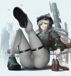  1girl absurdres animal_ears arknights ass bangs breasts coat collarbone gradient_hair hat highres impossible_pants large_breasts leg_belt leg_up long_hair looking_at_viewer microphone multicolored_hair pants pantyhose peaked_cap schwarz_(arknights) sitting skindentation solo thigh_strap thighs tight tight_pants white_legwear yellow_eyes yoshimitsu_kataha 