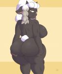  absurd_res anthro big_breasts big_butt breasts brown_body butt coffee_demon female hi_res horn huge_butt nintendo pok&eacute;mon pok&eacute;mon_(species) simple_background solo thick_thighs video_games wooloo yellow_eyes 