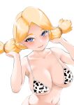  1girl absurdres animal_print bikini blonde_hair blue_eyes blush breasts cleavage collarbone cow_print hair_lift hair_tie hands_up highres large_breasts looking_at_viewer micro_bikini navel no_hat no_headwear open_mouth pokemon pokemon_(game) pokemon_sm simple_background skindentation smile solo swimsuit toba_tsutsumi twintails upper_body white_background 