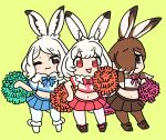  3girls :3 animal_ears arctic_hare_(kemono_friends) bangs blush bow bowtie brown_eyes brown_hair brown_legwear charisuke cheerleader commentary_request crop_top european_hare_(kemono_friends) extra_ears eyebrows_visible_through_hair frills fur_collar green_background hair_over_one_eye highres holding holding_pom_poms kemono_friends long_hair looking_at_viewer medium_hair midriff mountain_hare_(kemono_friends) multicolored_hair multiple_girls one_eye_closed open_mouth pantyhose pleated_skirt pom_pom_(cheerleading) rabbit_ears rabbit_girl rabbit_tail red_eyes short_hair short_sleeves skirt smile tail white_hair white_legwear 
