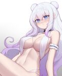  +_+ 1girl absurdres alternate_breast_size arm_garter arm_support azur_lane bangs bare_shoulders blue_eyes blush breasts cleavage closed_mouth double_bun eyebrows_visible_through_hair frills gradient gradient_background gradient_hair grey_background highres large_breasts le_malin_(azur_lane) le_malin_(listless_lapin)_(azur_lane) leaning_back long_hair looking_at_viewer multicolored_hair navel official_alternate_costume older pink_hair revealing_clothes sidelocks silver_hair sitting sliverdog solo stomach very_long_hair 
