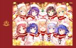  1other 6+girls :d :o ^_^ alternate_costume angora_rabbit aoyama_blue_mountain bangs beret blonde_hair blue_eyes blue_hair blunt_bangs blurry blurry_background blurry_foreground blush border bow brown_hair bunny christmas christmas_tree_hat closed_eyes closed_mouth coat eyebrows_visible_through_hair fang gloves gochuumon_wa_usagi_desu_ka? grin hair_between_eyes hands_up hat hat_ornament highres hoto_cocoa hoto_mocha jouga_maya kafuu_chino kirima_sharo koi_(koisan) light_brown_hair logo long_scarf looking_at_viewer matching_outfit mate_rin multiple_girls natsu_megumi one_eye_closed open_mouth orange_hair purple_hair rabbit_hat rabbit_house_logo red_background red_border red_eyes red_hair scarf shared_scarf shiny shiny_hair smile snowflake_print snowflakes star_(symbol) star_hat_ornament swept_bangs tedeza_rize tippy_(gochiusa) ujimatsu_chiya upper_body wallpaper_(object) white_gloves winter_clothes winter_coat winter_hat yellow_eyes 