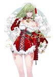  1girl absurdres bangs bell breasts choker cleavage dress flower green_hair highres large_breasts long_hair looking_at_viewer merry_christmas open_mouth original rose santa_costume simple_background solo standing tattoo thigh_strap thighs tu_yi yellow_eyes 