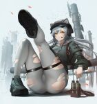  1girl absurdres animal_ears arknights ass bangs breasts coat eyebrows_behind_hair eyebrows_visible_through_hair grey_hair hair_between_eyes hat highres leg_belt leg_up long_hair looking_at_viewer microphone pantyhose peaked_cap schwarz_(arknights) sitting solo thighhighs torn_clothes torn_legwear white_legwear yellow_eyes yoshimitsu_kataha 