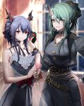  2girls alternate_costume alternate_hairstyle arknights bare_shoulders black_dress black_ribbon blue_hair ch&#039;en_(arknights) choker collarbone commentary_request cup dragon_horns dress earrings eyebrows_visible_through_hair eyes_visible_through_hair gift green_eyes green_hair hair_ornament highres holding holding_cup holding_gift horn_ornament horns hoshiguma_(arknights) jewelry long_hair multiple_girls oni_horns red_eyes ribbon ribbon_choker sidelocks single_horn sleeveless sleeveless_dress tarutaru_yamaoka 