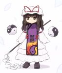  1girl arm_strap bangs black_footwear brown_eyes cosplay dress flame_print hair_between_eyes hakurei_reimu hat hat_ribbon jitome long_hair long_sleeves mob_cap outline red_ribbon ribbon shirosato solo standing tabard touhou white_dress white_headwear wide_sleeves yakumo_yukari yakumo_yukari_(cosplay) yin_yang yin_yang_print 