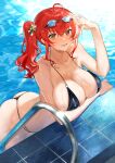  1girl ass azur_lane bangs bare_shoulders bikini black_bikini blush breasts cleavage collarbone goggles goggles_on_head highres large_breasts long_hair looking_at_viewer pool poolside red_hair side_ponytail smile solo swimsuit wading yayako_(804907150) zara_(azur_lane) zara_(poolside_coincidence)_(azur_lane) 