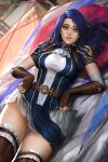  1girl arcane:_league_of_legends belt blue_eyes blue_hair brown_gloves caitlyn_(league_of_legends) clothes_lift fingerless_gloves gloves highres league_of_legends long_hair looking_at_viewer neoartcore on_bed panties panty_peek parted_lips skirt skirt_lift smile solo string thigh_gap thighhighs thighs underwear uniform 