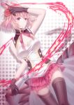  1girl black_gloves black_legwear blood blush breasts character_request cleavage cleavage_cutout clothing_cutout dress flower gloves hair_flower hair_ornament highres holding holding_knife holding_weapon huangxing knife merc_storia open_mouth pink_hair pink_ribbon purple_eyes red_flower ribbon sash simple_background skindentation solo thighhighs weapon 