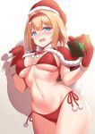  1girl alice_margatroid bangs bikini blonde_hair blue_eyes blush box breasts capelet carrying_over_shoulder christmas commentary_request eyebrows_visible_through_hair fur-trimmed_capelet fur_trim gift gift_box gloves gradient gradient_background hairband hat holding holding_gift large_breasts looking_at_viewer navel nose_blush open_mouth red_bikini red_capelet red_gloves red_hairband red_headwear red_ribbon ribbon sack santa_hat side-tie_bikini simple_background solo stomach swimsuit tokyo_yamane touhou underboob white_background wide_hips 