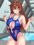  1girl blue_swimsuit breasts brown_eyes brown_hair cleavage_cutout clothing_cutout commentary_request competition_swimsuit covered_navel cowboy_shot hair_flaps hairband highres indoors kantai_collection large_breasts long_hair montemasa one-piece_swimsuit red_hairband rei_no_pool remodel_(kantai_collection) shiratsuyu_(kancolle) solo swimsuit 