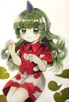  1girl absurdres blush closed_mouth cloud_print collared_shirt curly_hair eyebrows_visible_through_hair feet_out_of_frame green_eyes green_hair highres horns kariyushi_shirt komano_aunn long_hair maa_(forsythia1729) marker_(medium) red_shirt shirt short_sleeves shorts single_horn smile solo touhou traditional_media white_shorts 