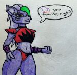  absurd_res anthro canid canine canis claws clothed clothing female five_nights_at_freddy&#039;s five_nights_at_freddy&#039;s:_security_breach fur green_claws green_hair hair hi_res iwondery mammal piercing purple_body purple_fur purple_hair red_clothing roxanne_wolf_(fnaf) scottgames skimpy solo traditional_media_(artwork) video_games wolf yellow_eyes 