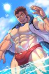  &gt;_o 1boy abs akashi_(live_a_hero) bara bracelet bulge cloud day goggles goggles_around_neck highres hood hood_down hooded_jacket jacket jewelry large_pectorals live_a_hero long_sideburns looking_at_viewer male_focus male_swimwear muscular muscular_male navel nipples one_eye_closed open_clothes open_jacket open_mouth outdoors partially_submerged pectorals red_hair red_male_swimwear scar scar_on_face scar_on_nose short_hair sideburns sky sleeveless sleeveless_jacket smile solo splashing swim_briefs water weedwolfeatmeat white_jacket 